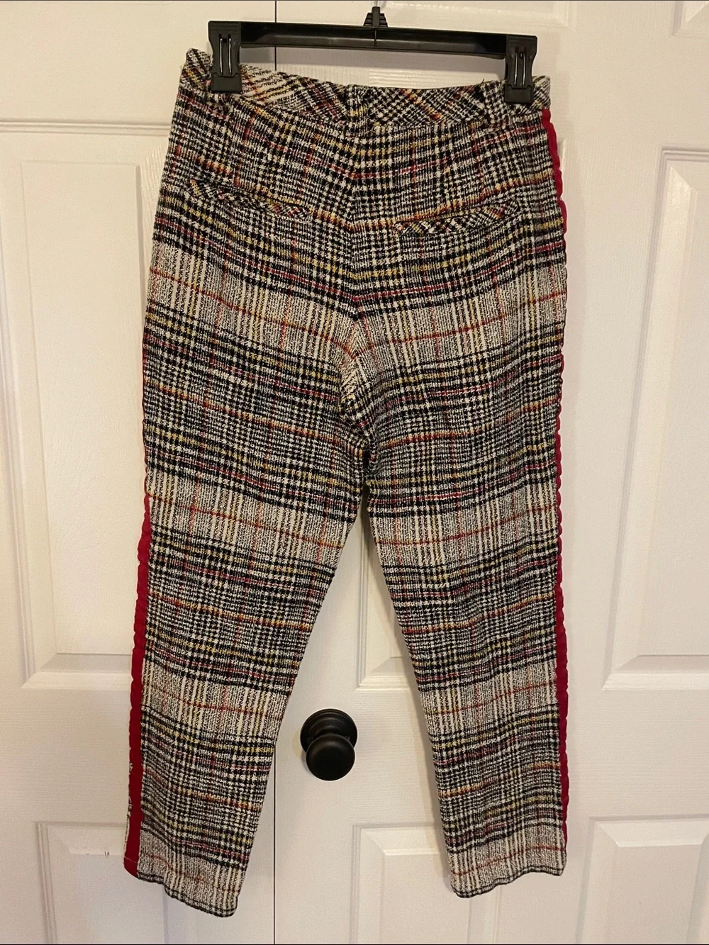 Free People Plaid Straight-Leg Pants with Burgundy Side Stripe